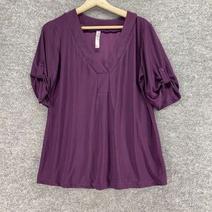 PerSeption Concept Blouse Women L Large Purple V-Neck Short Sleeve Casual Solid